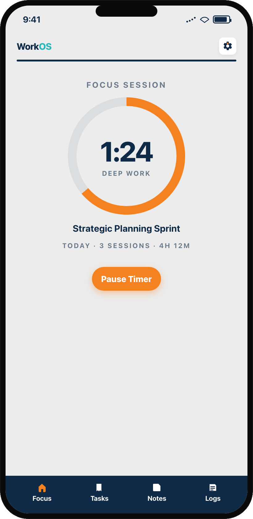 WorkOS Mobile focus session timer tracking deep work