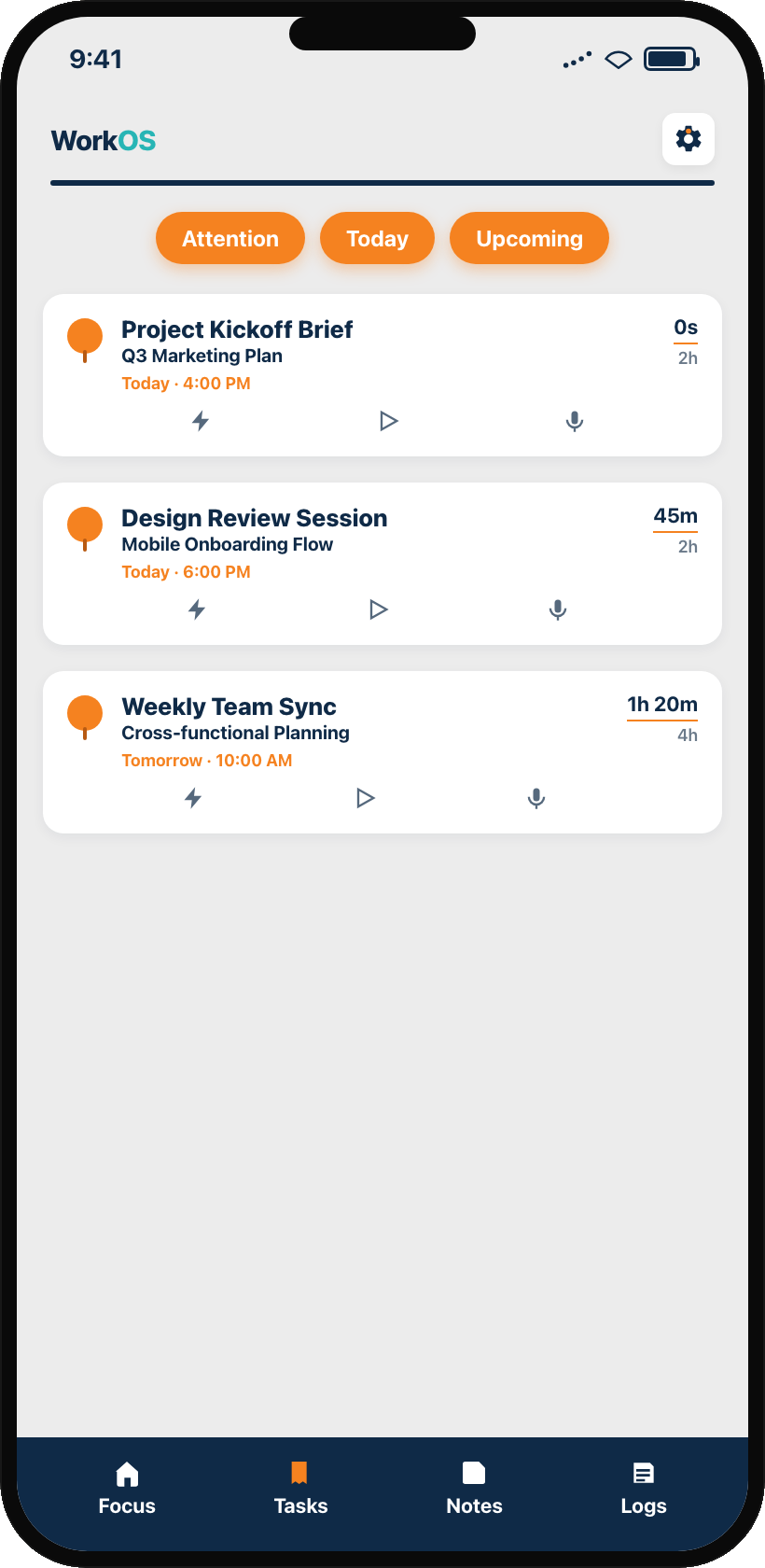 WorkOS Mobile task list with Attention, Today and Upcoming filters